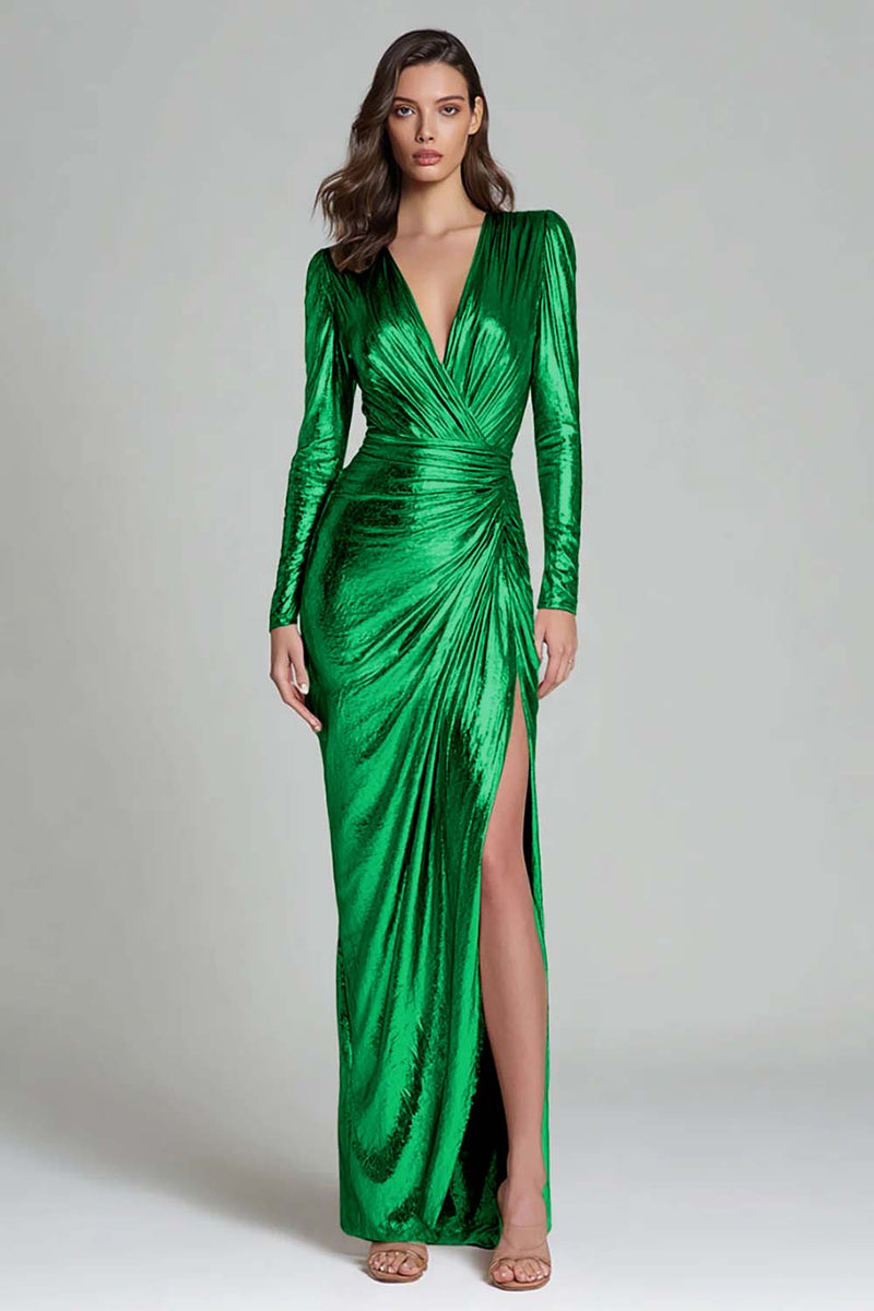 Load image into Gallery viewer, Sparkly Gold V-Neck Metallic Long Formal Dress with Slit