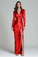 Load image into Gallery viewer, Sparkly Gold V-Neck Metallic Long Formal Dress with Slit