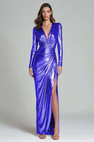 Load image into Gallery viewer, Sparkly Gold V-Neck Metallic Long Formal Dress with Slit