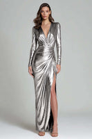Load image into Gallery viewer, Sparkly Gold V-Neck Metallic Long Formal Dress with Slit