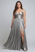 Load image into Gallery viewer, Silver Metallic Spaghetti Straps Pleated Long Formal Dress with Slit
