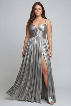 Silver Metallic Spaghetti Straps Pleated Long Formal Dress with Slit