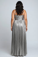 Load image into Gallery viewer, Silver Metallic Spaghetti Straps Pleated Long Formal Dress with Slit