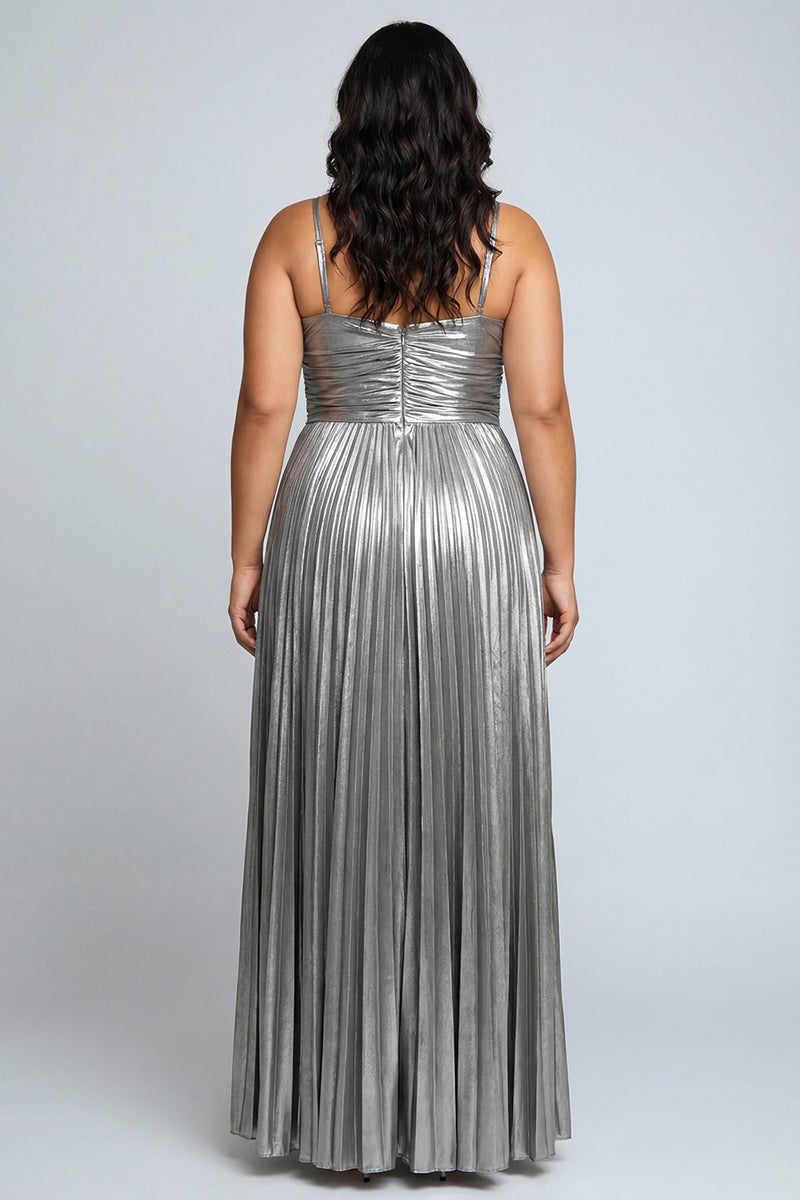 Load image into Gallery viewer, Silver Metallic Spaghetti Straps Pleated Long Formal Dress with Slit