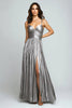Load image into Gallery viewer, Silver Metallic Spaghetti Straps Pleated Long Formal Dress with Slit