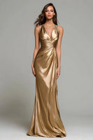 Load image into Gallery viewer, Sparkly Gold Metallic Ruched Mermaid V-Neck Long Formal Dress