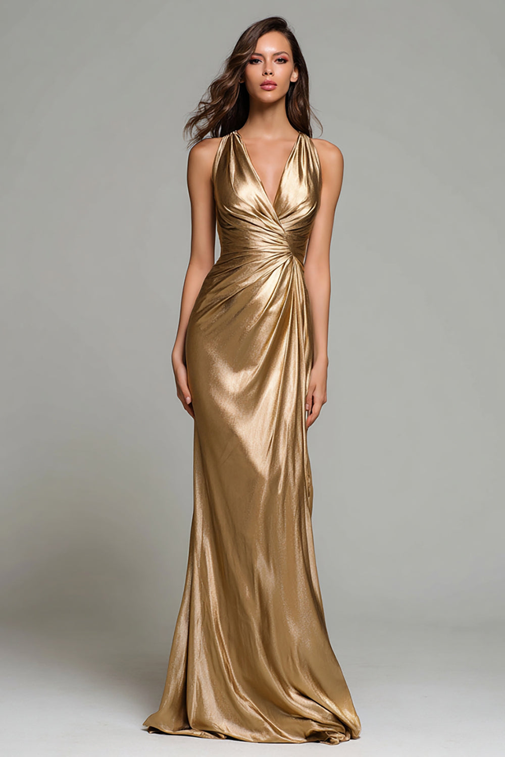 Sparkly Gold Metallic Ruched Mermaid V-Neck Long Formal Dress