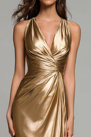 Load image into Gallery viewer, Sparkly Gold Metallic Ruched Mermaid V-Neck Long Formal Dress