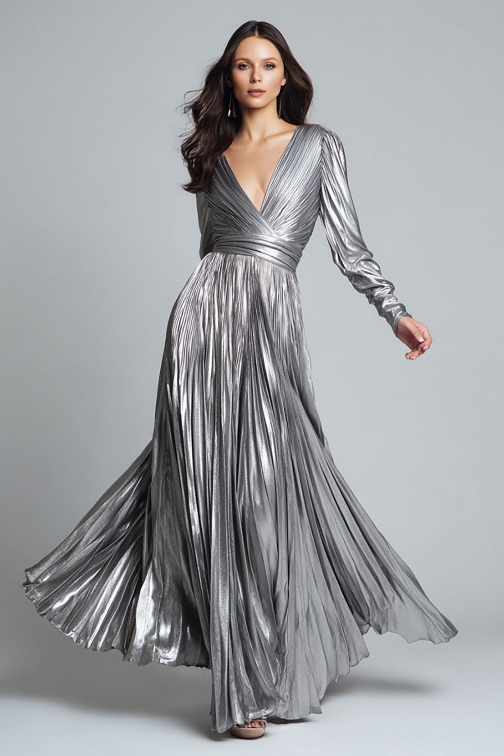 Sparkly Silver Metallic A-Line Pleated Long Formal Dress with Sleeves