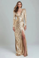 Load image into Gallery viewer, Sparkly Gold V-Neck Sheath Sequin Long Formal Dress with Slit
