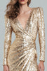 Load image into Gallery viewer, Sparkly Gold V-Neck Sheath Sequin Long Formal Dress with Slit