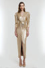 Load image into Gallery viewer, Light Gold Metallic V-Neck Sheath Long Formal Dress with Sleeves