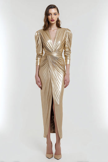 Light Gold Metallic V-Neck Sheath Long Formal Dress with Sleeves