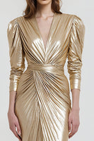 Load image into Gallery viewer, Light Gold Metallic V-Neck Sheath Long Formal Dress with Sleeves