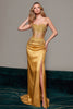 Load image into Gallery viewer, Gold Satin Mermaid Sweetheart Long Corset Formal Dress with Appliques