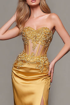 Gold Satin Mermaid Sweetheart Long Corset Formal Dress with Appliques