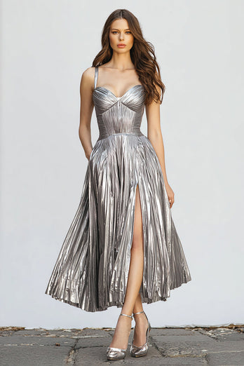 Sparkly Silver Metallic A-Line Pleated Long Formal Dress