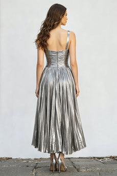 Sparkly Silver Metallic A-Line Pleated Long Formal Dress