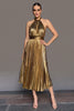 Load image into Gallery viewer, Sparkly Gold A-Line Metallic Pleated Halter Long Formal Dress