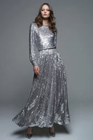 Load image into Gallery viewer, Sparkly Silver A-Line Sequin Long Formal Dress with Sleeves