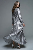 Load image into Gallery viewer, Sparkly Silver A-Line Sequin Long Formal Dress with Sleeves