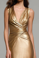 Load image into Gallery viewer, Sparkly Gold Mermaid Metallic V-Neck Long Formal Dress