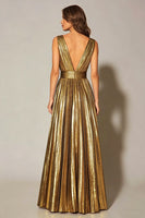 Load image into Gallery viewer, Sparkly Gold Metallic A-Line Pleated V-Neck Long Formal Dress