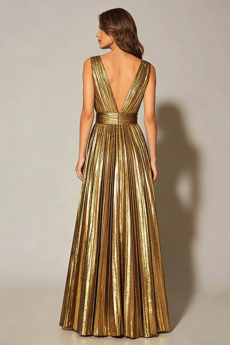 Load image into Gallery viewer, Sparkly Plus Size Gold A-Line Metallic Pleated V-Neck Long Formal Dress