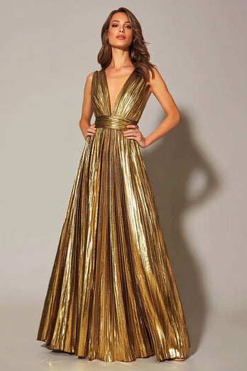 Sparkly Gold Metallic A-Line Pleated V-Neck Long Formal Dress