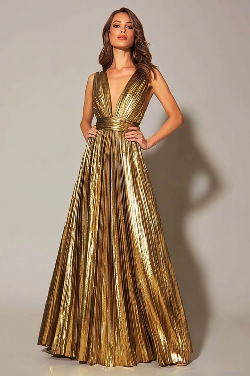 Sparkly Gold Metallic A-Line Pleated V-Neck Long Formal Dress