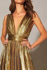Load image into Gallery viewer, Sparkly Gold Metallic A-Line Pleated V-Neck Long Formal Dress