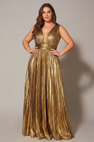 Load image into Gallery viewer, Sparkly Gold Metallic A-Line Pleated V-Neck Long Formal Dress