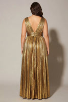 Load image into Gallery viewer, Sparkly Gold Metallic A-Line Pleated V-Neck Long Formal Dress