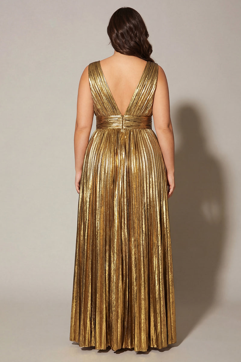 Load image into Gallery viewer, Sparkly Gold Metallic A-Line Pleated V-Neck Long Formal Dress