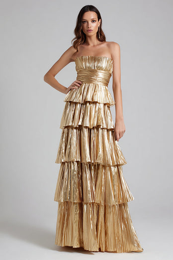 Sparkly Gold Metallic A-Line Pleated Ruffled Long Formal Dress