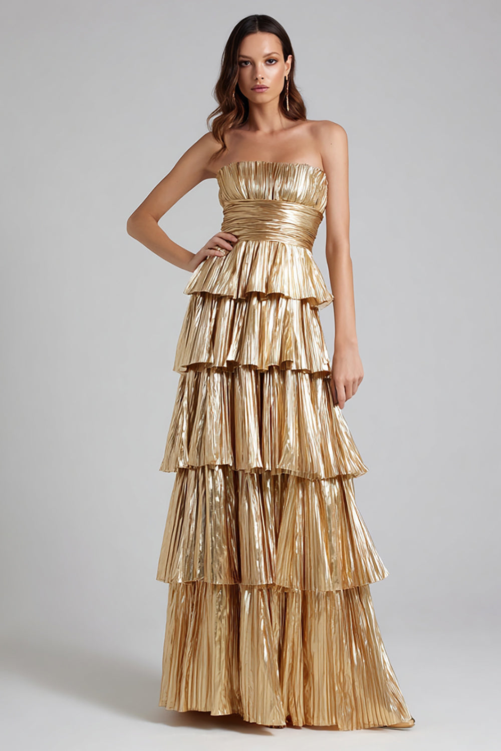 Sparkly Gold Metallic A-Line Pleated Ruffled Long Formal Dress