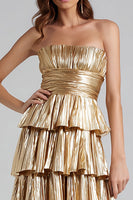Load image into Gallery viewer, Sparkly Gold Metallic A-Line Pleated Ruffled Long Formal Dress