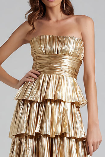 Sparkly Gold Metallic A-Line Pleated Ruffled Long Formal Dress