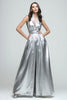 Load image into Gallery viewer, Sparkly Silver Metallic V-Neck A-Line Long Formal Dress