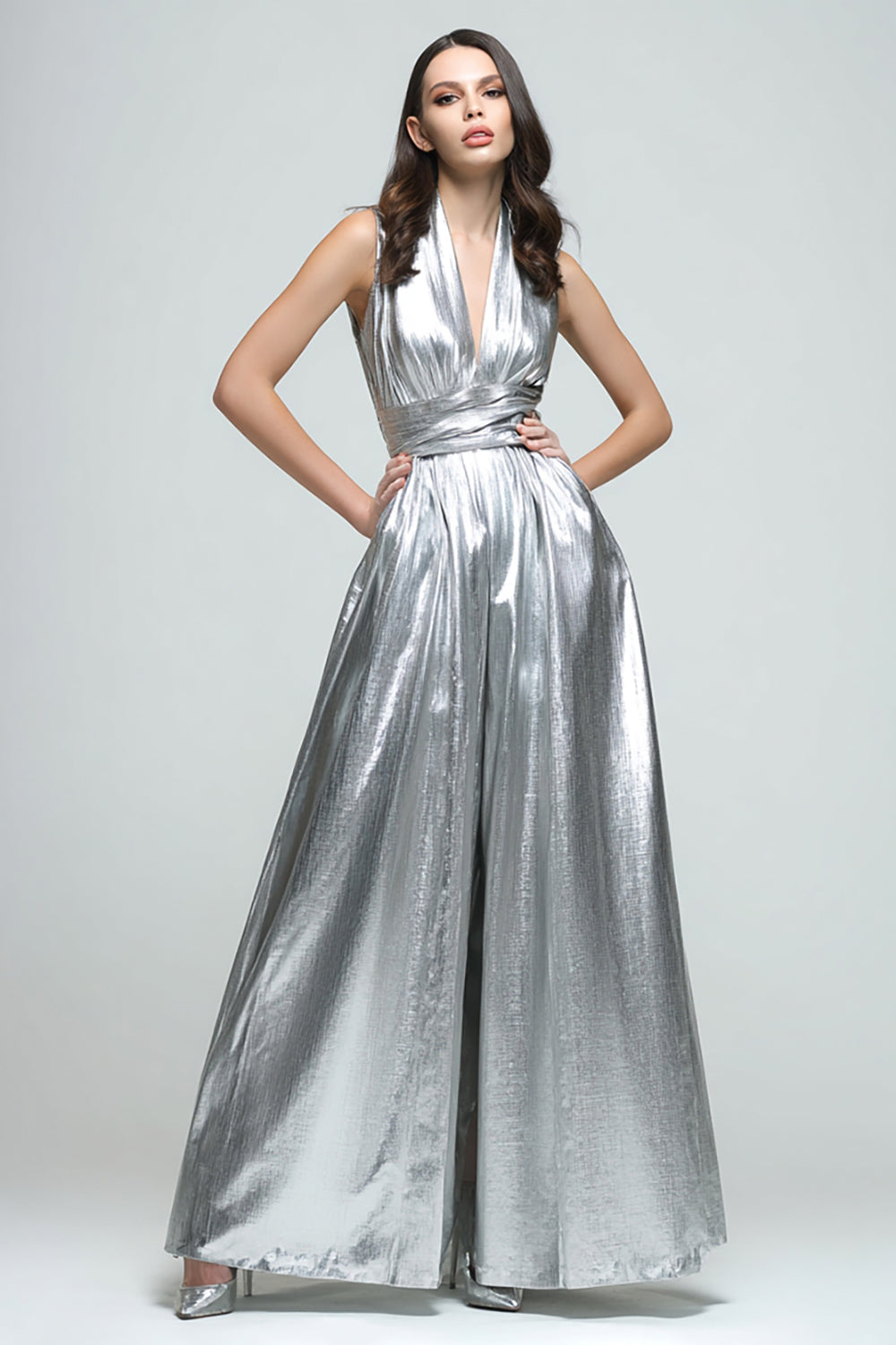 Sparkly Silver Metallic V-Neck A-Line Long Formal Dress