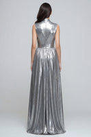 Load image into Gallery viewer, Sparkly Silver Metallic V-Neck A-Line Long Formal Dress