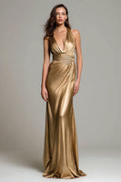 Load image into Gallery viewer, Sparkly Gold Metallic Ruched Deep V-Neck Long Formal Dress