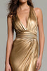 Load image into Gallery viewer, Sparkly Gold Metallic Ruched Deep V-Neck Long Formal Dress