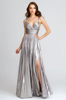 Load image into Gallery viewer, Sparkly Silver A-Line Metallic Pleated Long Formal Dress with Slit