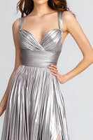 Load image into Gallery viewer, Sparkly Silver A-Line Metallic Pleated Long Formal Dress with Slit