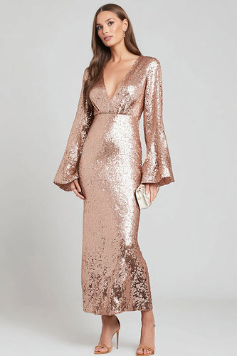 Sparkly Rose Gold V-Neck Sequin Long Formal Dress with Sleeves