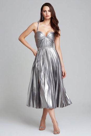 Sparkly Silver Metallic Spaghetti Straps Pleated A-Line Long Formal Dress