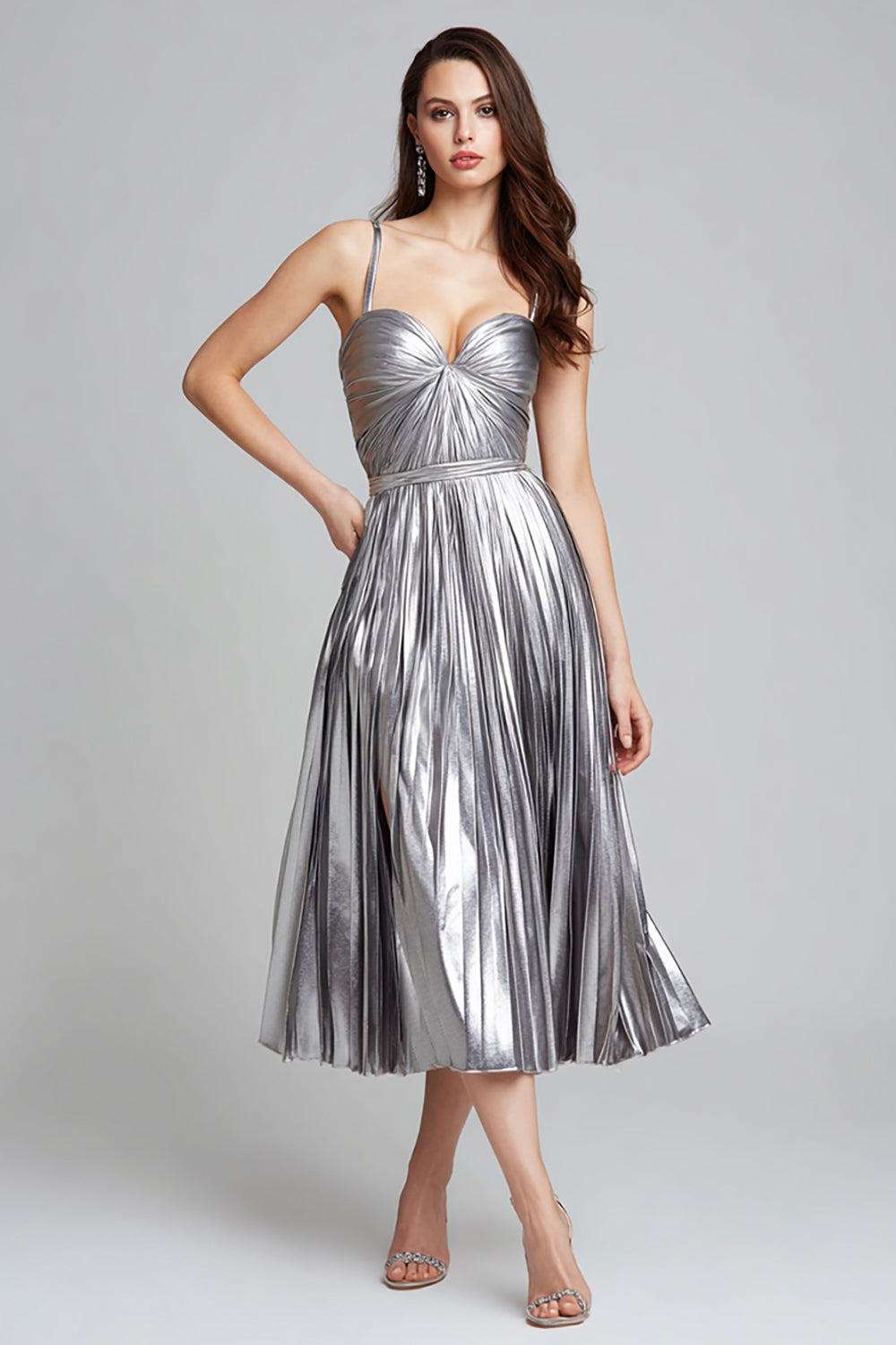 Sparkly Silver Metallic Spaghetti Straps Pleated A-Line Long Formal Dress