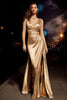 Load image into Gallery viewer, Gold V-Neck Ruched Satin Long Formal Dress with Slit