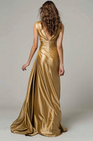 Load image into Gallery viewer, Sparkly Gold V-Neck Metallic Ruched Mermaid Long Formal Dress